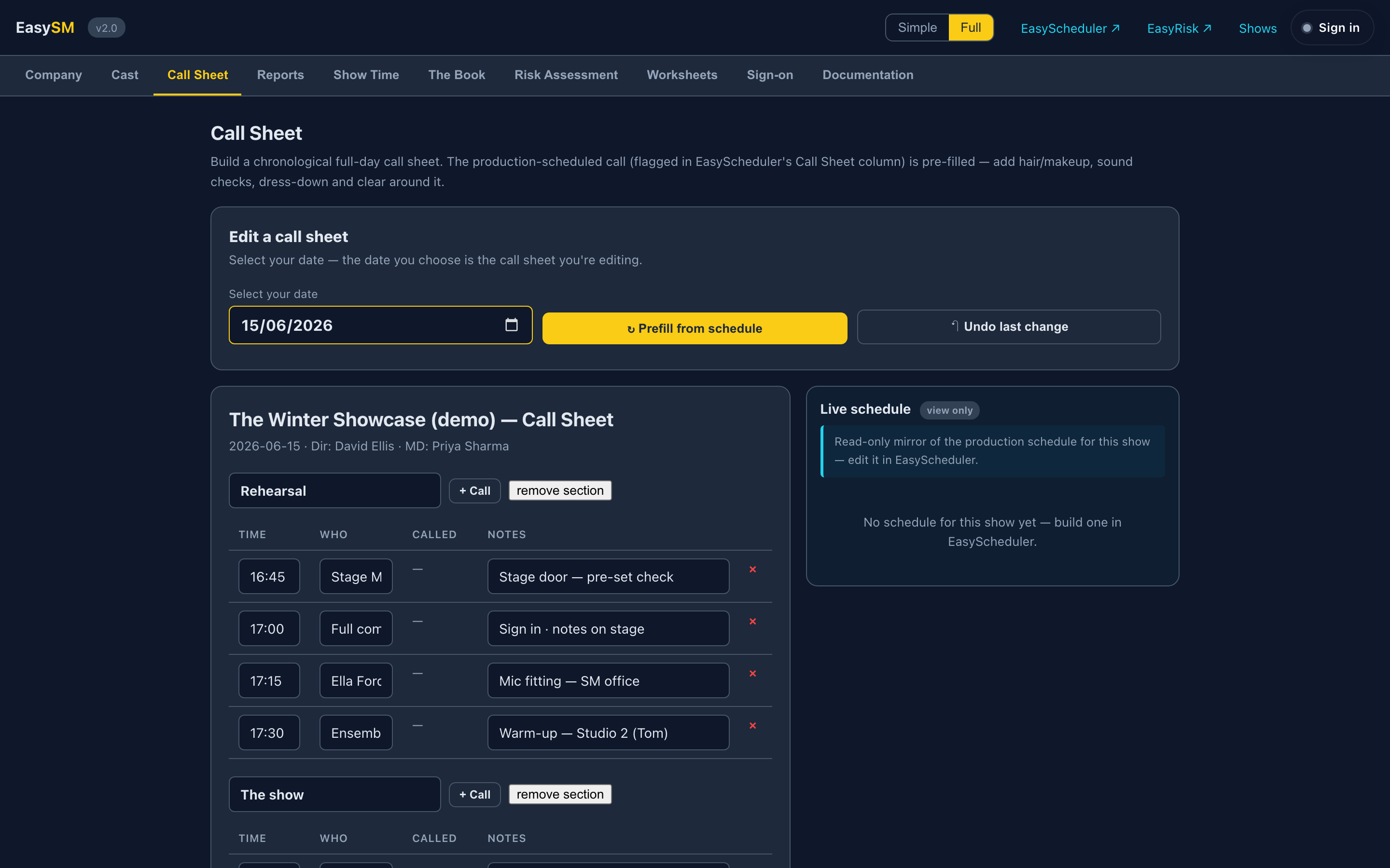 EasySM call sheet builder — a full-day call sheet for The Winter Showcase, prefilled from the production schedule