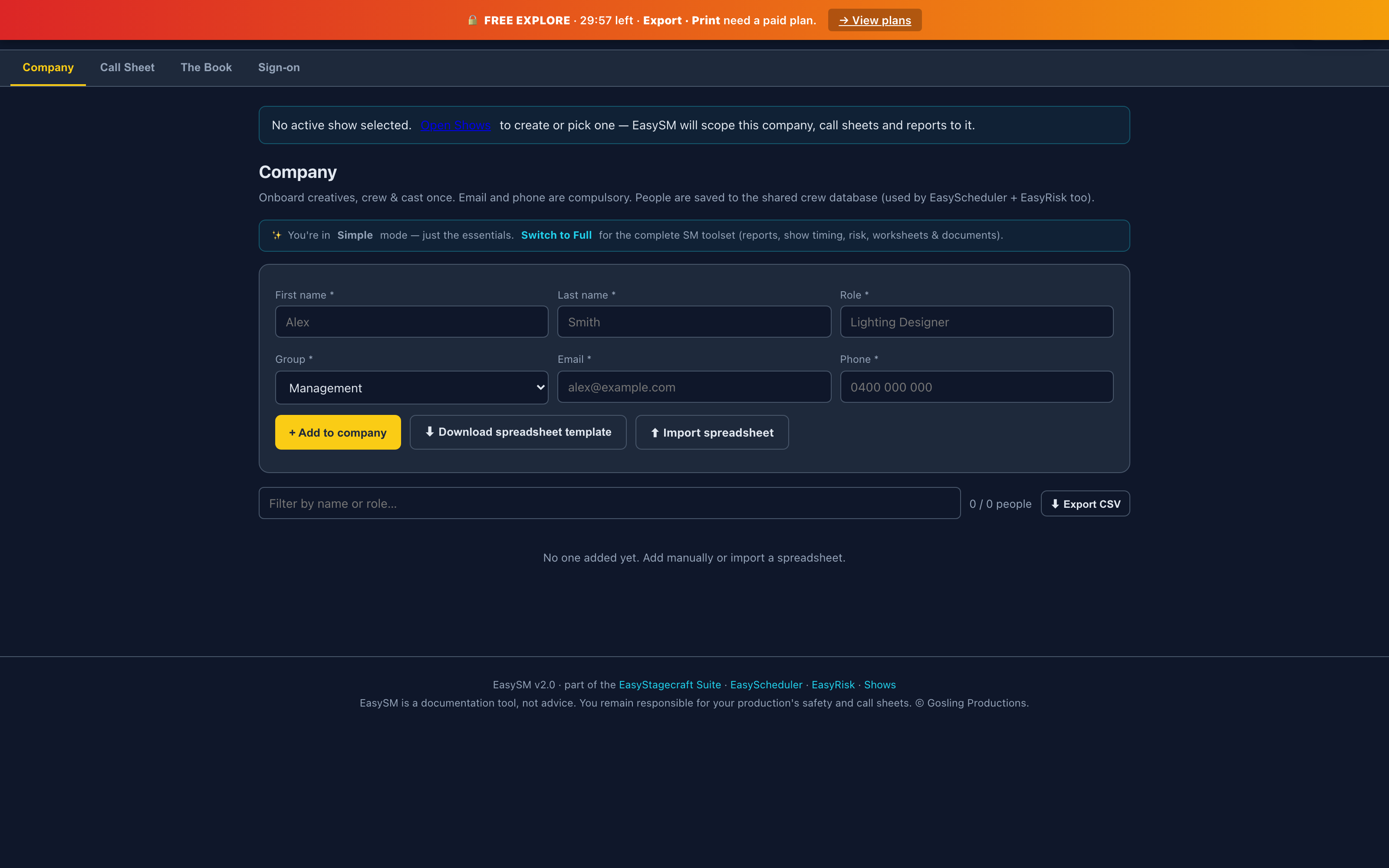 EasyStageManager — crew, call sheets, cue book and show reports