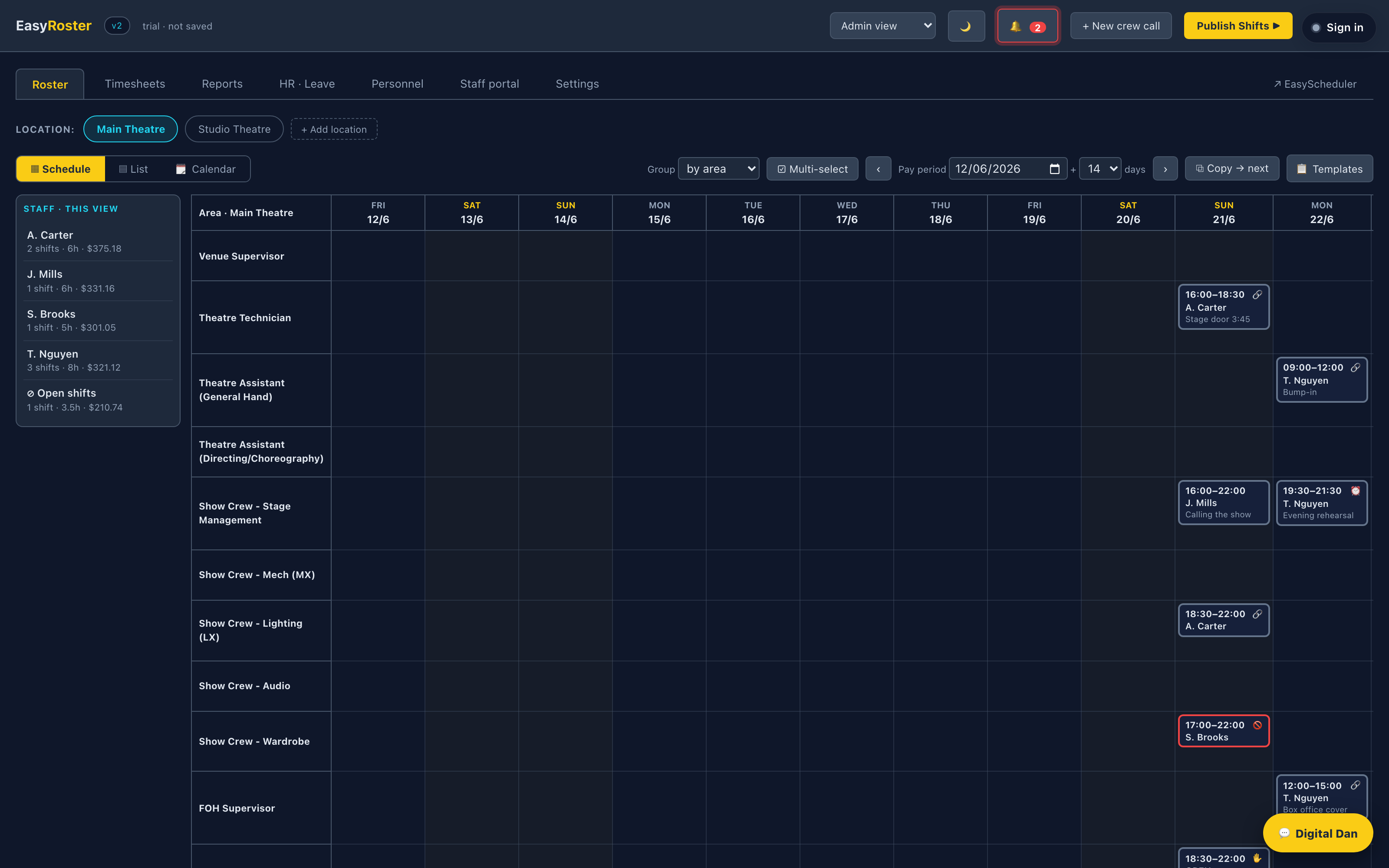 EasyRoster — staff rostering with live award costing